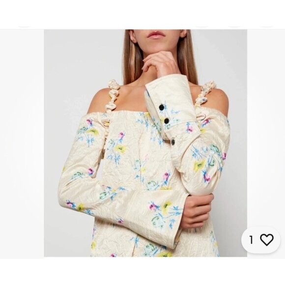 Ganni Floral Crinkled Satin Off-Shoulder Slit Maxi Dress Bell Sleeves Size 36 - Picture 6 of 16